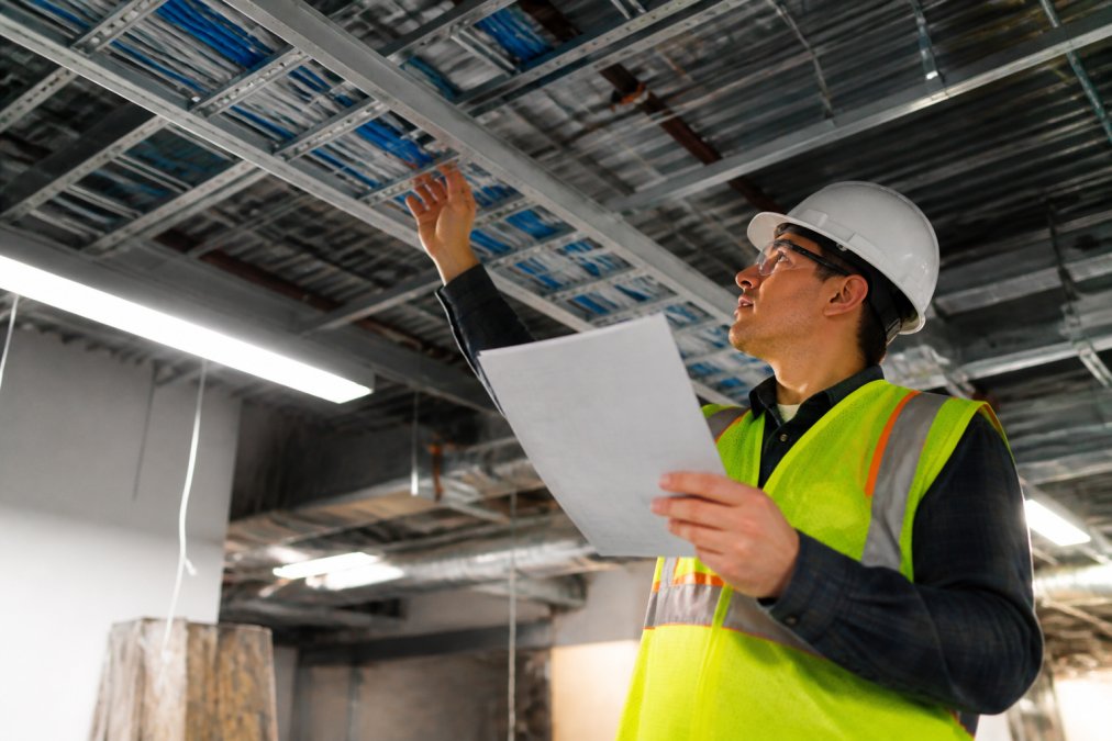 A field technician in a commercial building inspecting structured cabling in an open ceiling, holding a tablet and reviewing printed documentation during a site walkthrough, with fluorescent overhead lighting illuminating cable trays and conduit runs