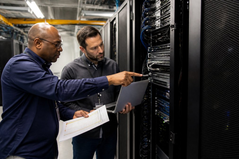 Two enterprise IT professionals reviewing a printed infrastructure checklist and a laptop screen in a server room, pointing at rack-mounted equipment under bright overhead lighting, discussing quality assurance steps before site sign-off