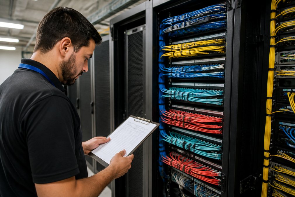 A field technician in a server room reviewing a printed checklist on a clipboard while standing next to a structured cabling rack with neatly organized, color-coded cables under bright overhead lighting