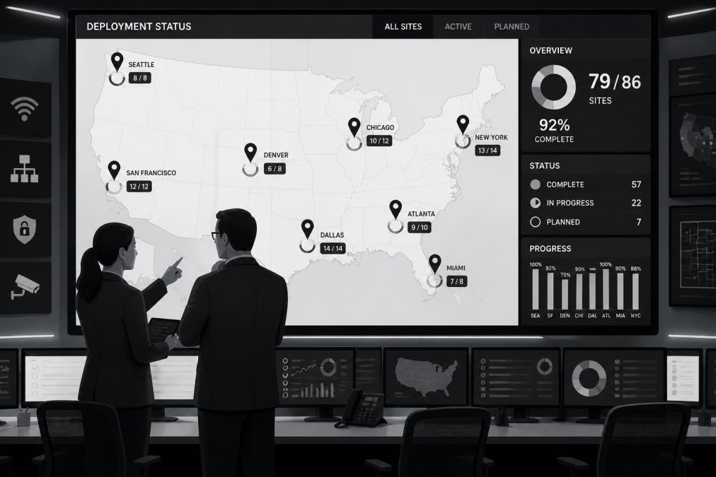 A project manager and IT director reviewing deployment status on a large monitor showing a geographic map with multiple site location pins, in a modern operations center with ambient blue lighting and multiple workstations