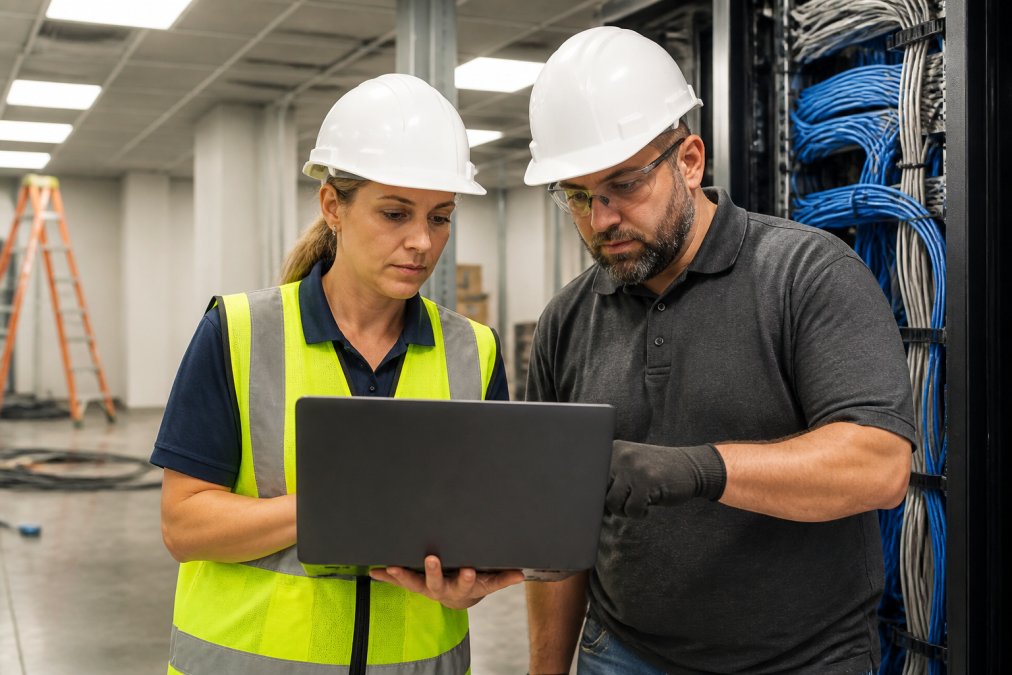 A project manager and IT technician reviewing deployment plans together on a laptop at a job site, with structured cabling visible in the background and overhead fluorescent lighting in a commercial space