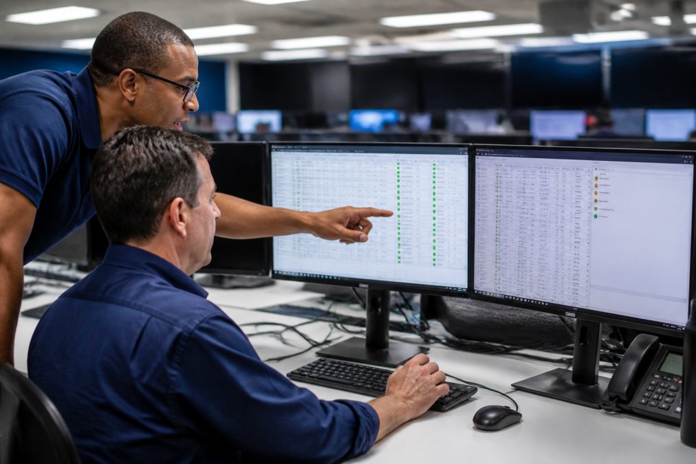An IT director reviewing live deployment dashboards on dual monitors in a modern operations center, with a colleague pointing at site status data on screen under cool overhead lighting