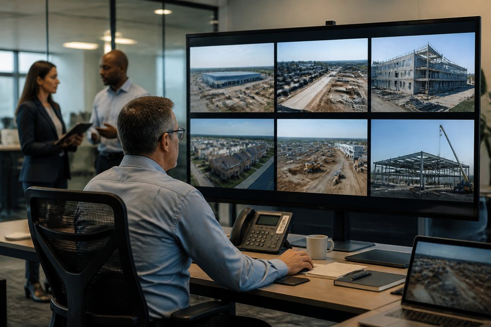 Operations manager monitoring multiple infrastructure project sites on a large computer display showing real-time deployment dashboards, maps, and status indicators in a modern command center environment with team members collaborating nearby