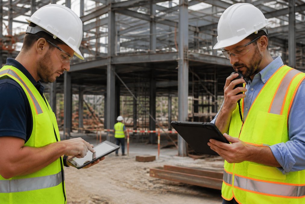 Field crew members on an active infrastructure construction site using mobile tablets and devices to capture real-time project data, with site supervisor reviewing information while communicating with remote office team