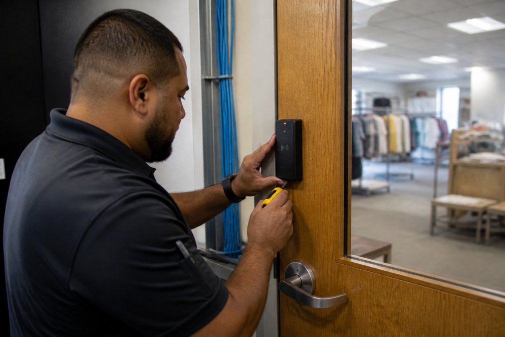 A security technician installing an access control panel on a commercial door in a retail office environment, with structured cabling neatly routed in the background and fluorescent overhead lighting