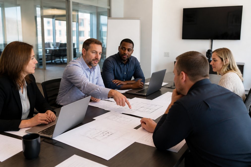 An operations team gathered around a large conference table reviewing site deployment plans on laptops and printed floor diagrams, with a digital project dashboard visible on a wall-mounted screen behind them in a modern office setting