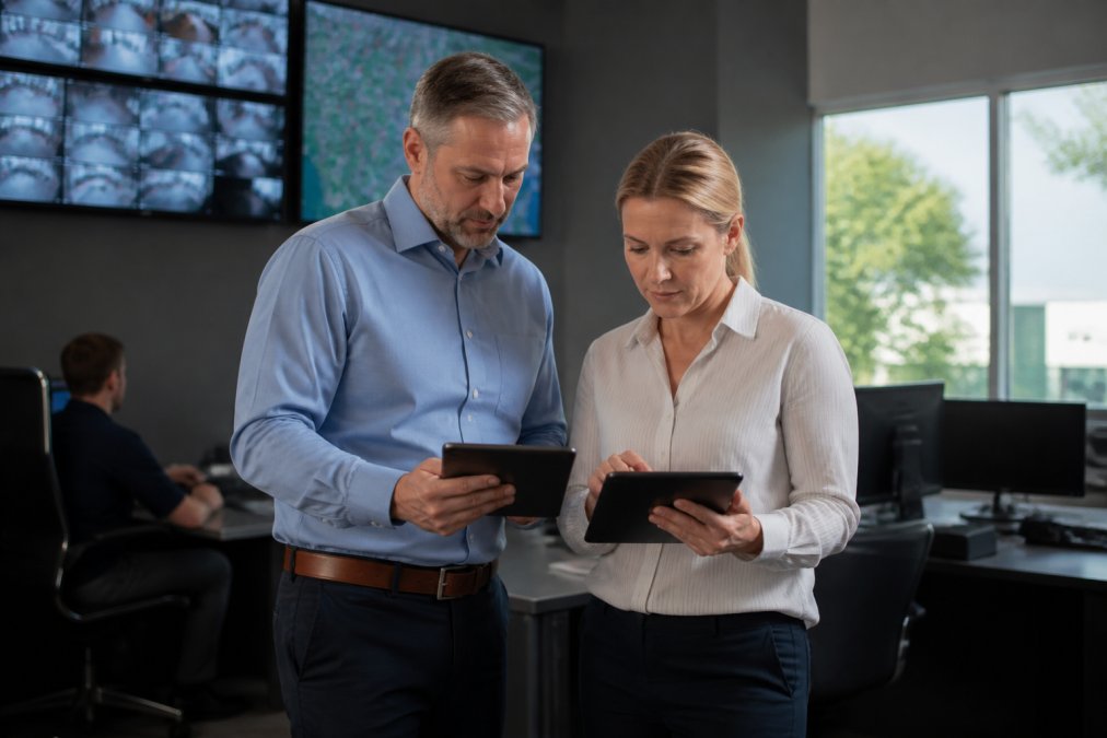 IT director and operations manager reviewing deployment timelines and site specifications on tablets in a retail command center with multiple monitors displaying store locations and project status