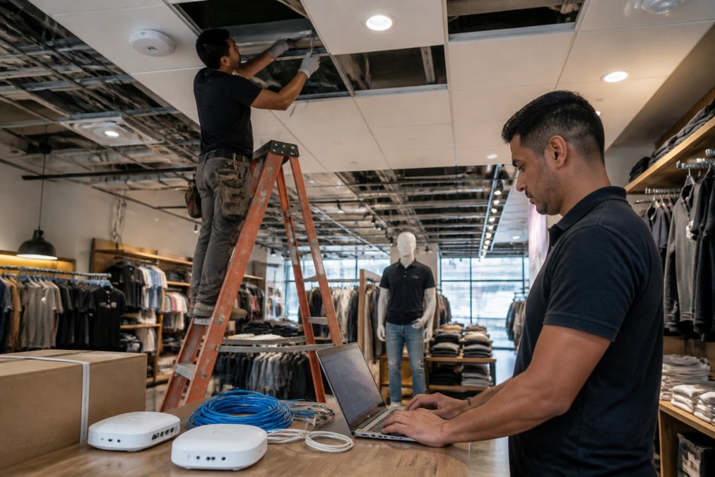 Field technicians installing network cabling and WiFi equipment in a retail store location, with one technician on a ladder running cables above drop ceiling and another checking network configuration on a laptop at ground level