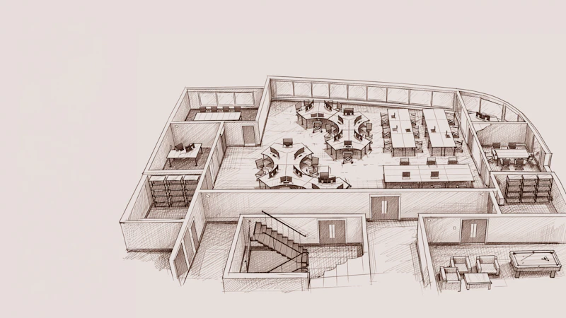 Architectural drawing of office layout for IT infrastructure planning