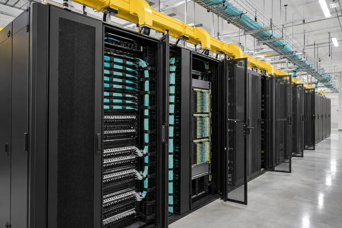 Illustrative data hall with network cabinets, fiber patch panels, overhead fiber raceway, and cable trays