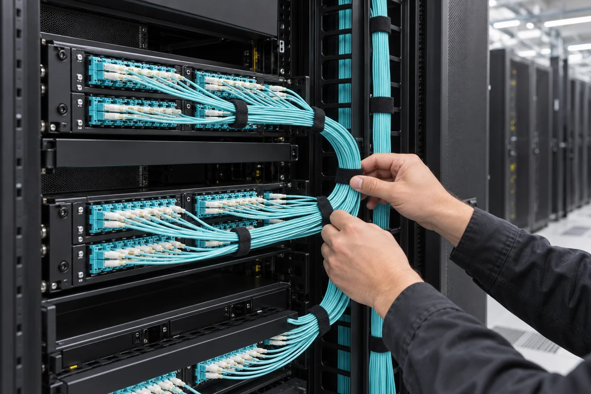 Illustrative technician dressing fiber patch cords into cable managers inside a data center cabinet