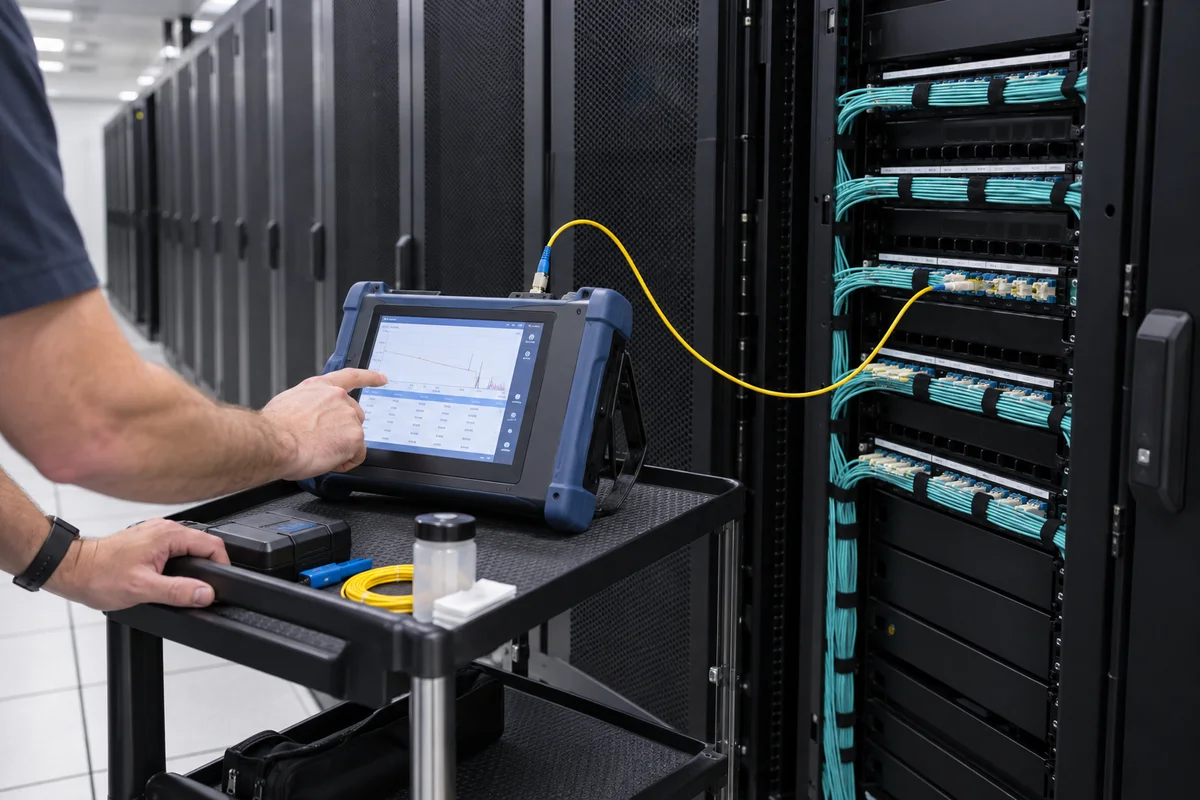 Illustrative optical fiber tester connected to a data center patch panel during link testing