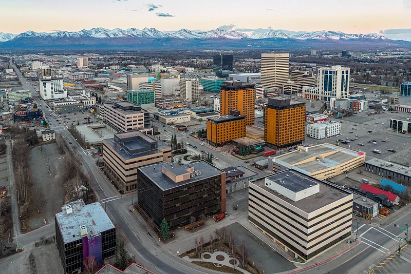 Downtown Anchorage, Alaska skyline with the Chugach Mountains behind it
