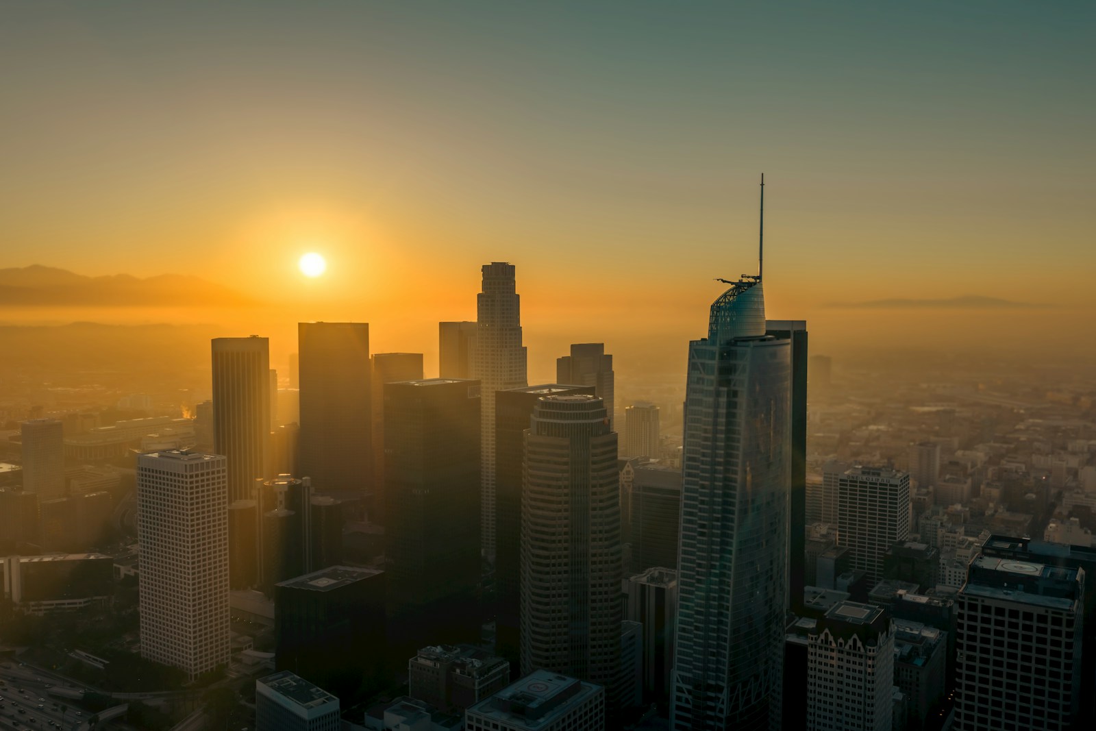 Downtown Los Angeles skyline in warm morning light