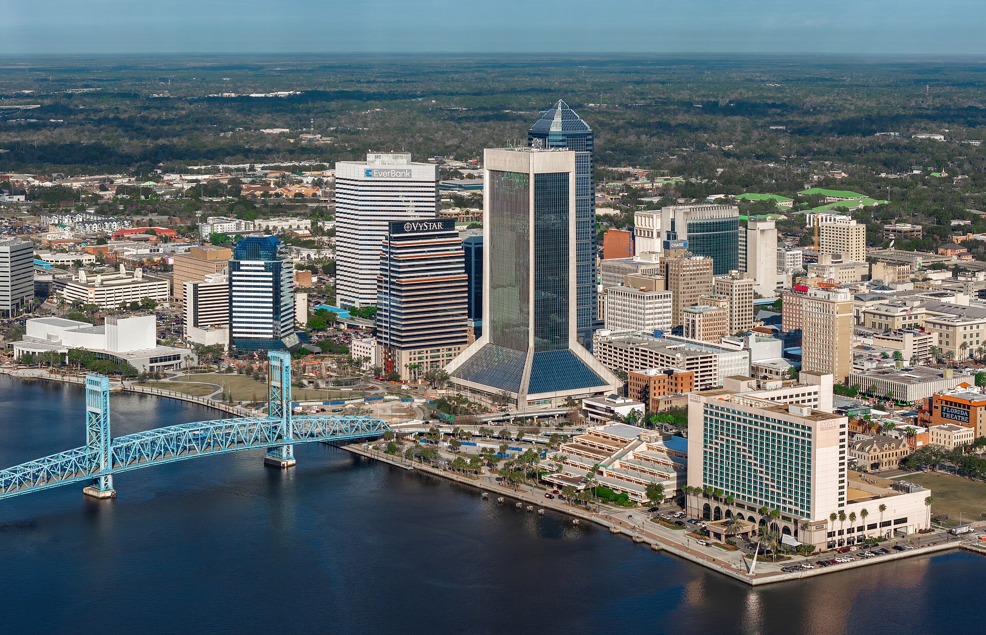 Downtown Jacksonville, Florida skyline and the Main Street Bridge viewed from above the St. Johns River