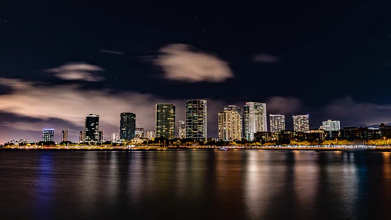 Downtown Honolulu skyline on Oahu with Diamond Head in the distance