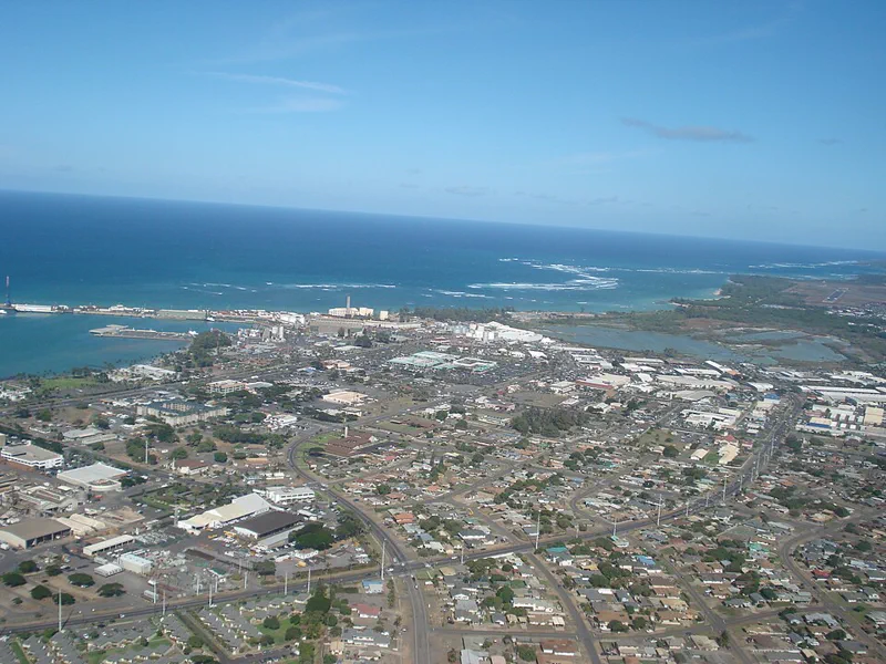 Aerial view of Kahului, Maui and its harbour and commercial district