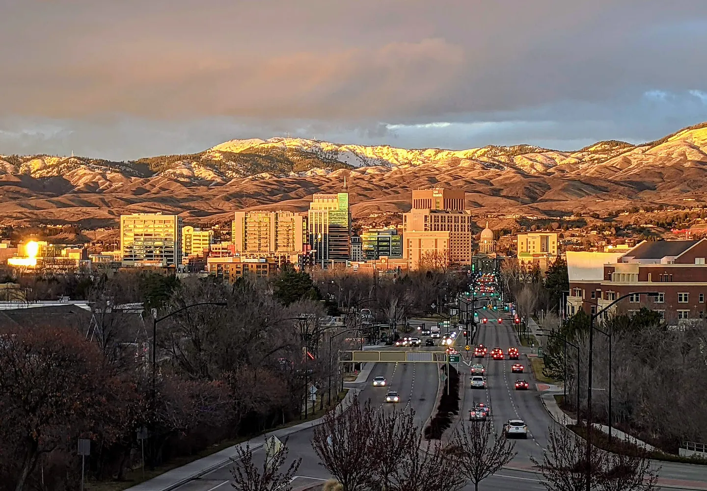 Downtown Boise skyline dusted with snow in winter