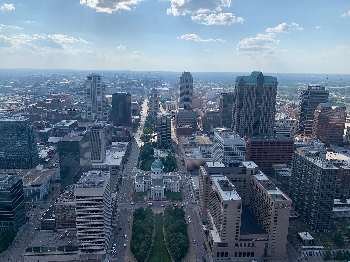 Downtown St. Louis skyline viewed from the Gateway Arch, with the Old Courthouse dome in the foreground