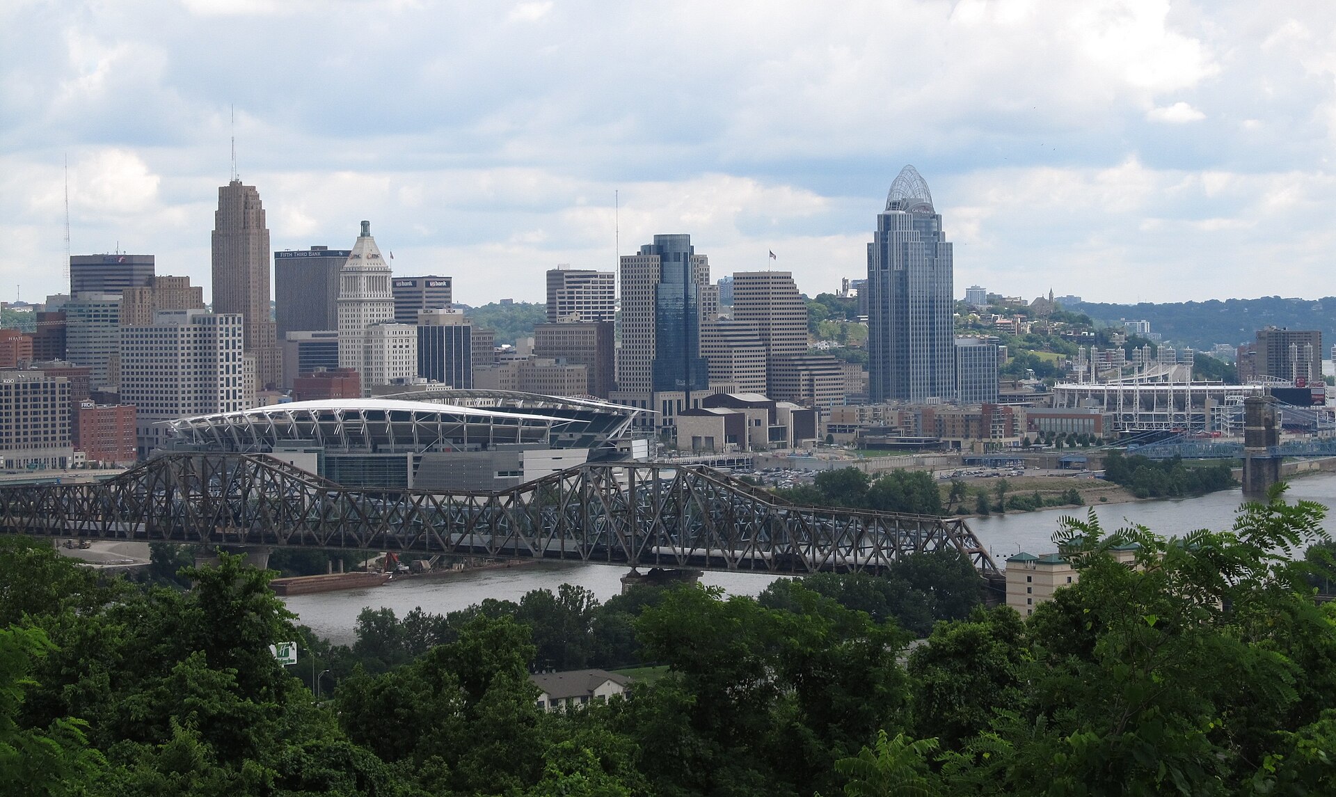 Downtown Cincinnati skyline viewed across the Ohio River from Devou Park