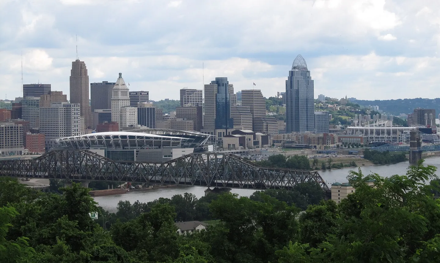 Downtown Cincinnati skyline viewed across the Ohio River from Devou Park