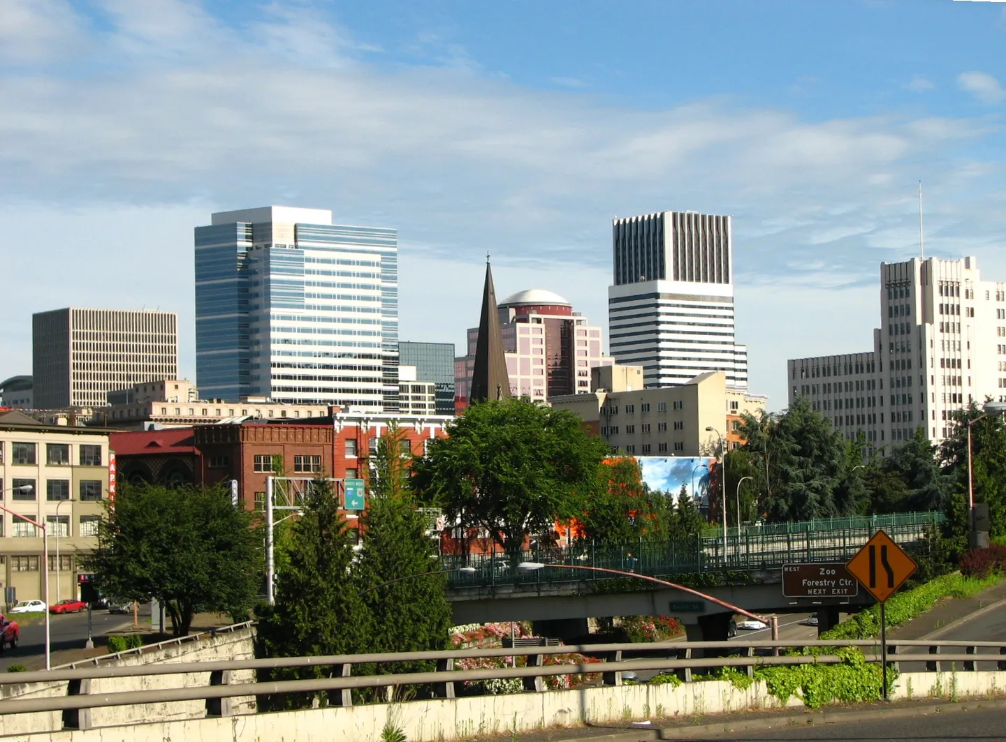 Downtown Portland, Oregon skyline viewed from the northwest with Interstate 405 in the foreground