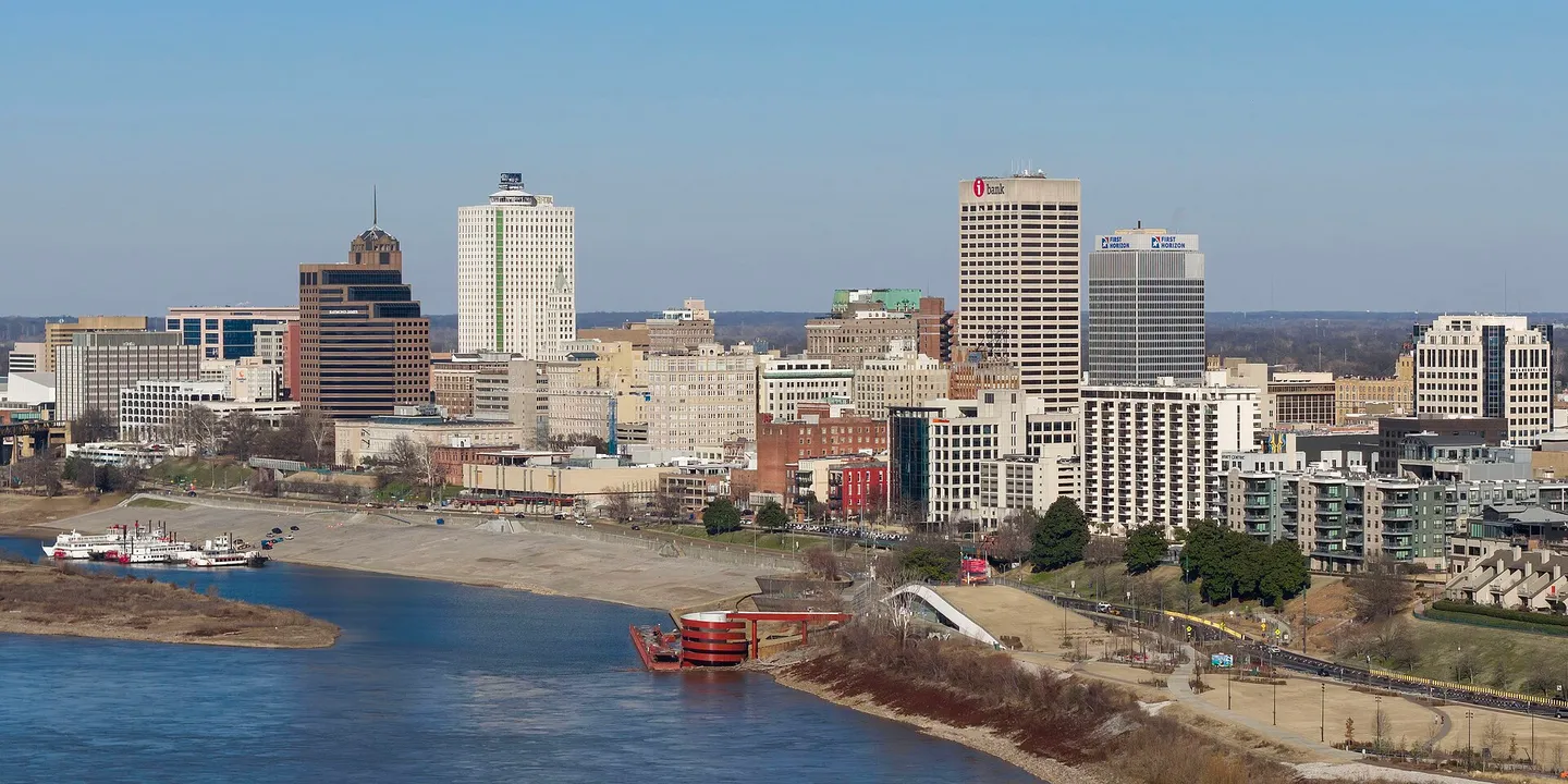 Aerial view of the Memphis, Tennessee skyline along the Mississippi River