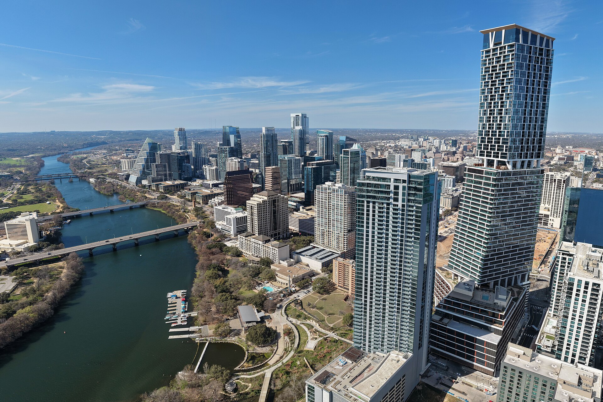 Aerial view of downtown Austin skyline along Lady Bird Lake