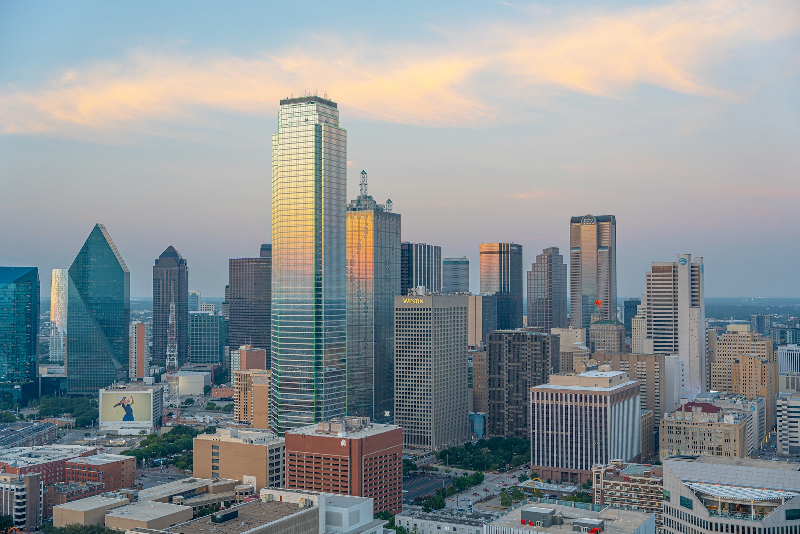 Downtown Dallas skyline in evening light