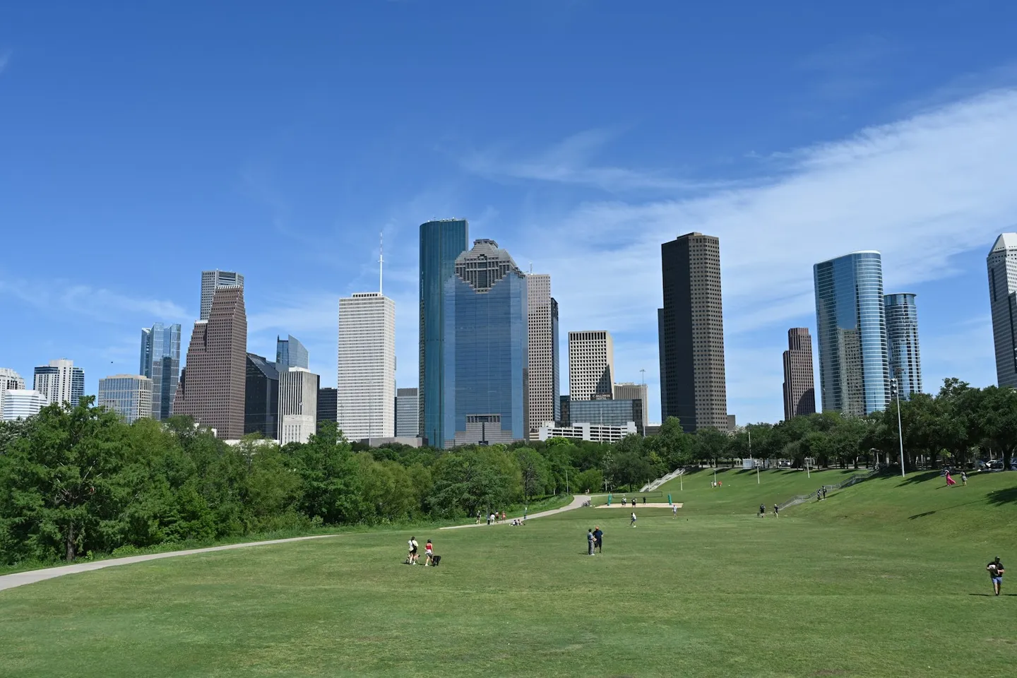 Houston skyline viewed across a downtown park
