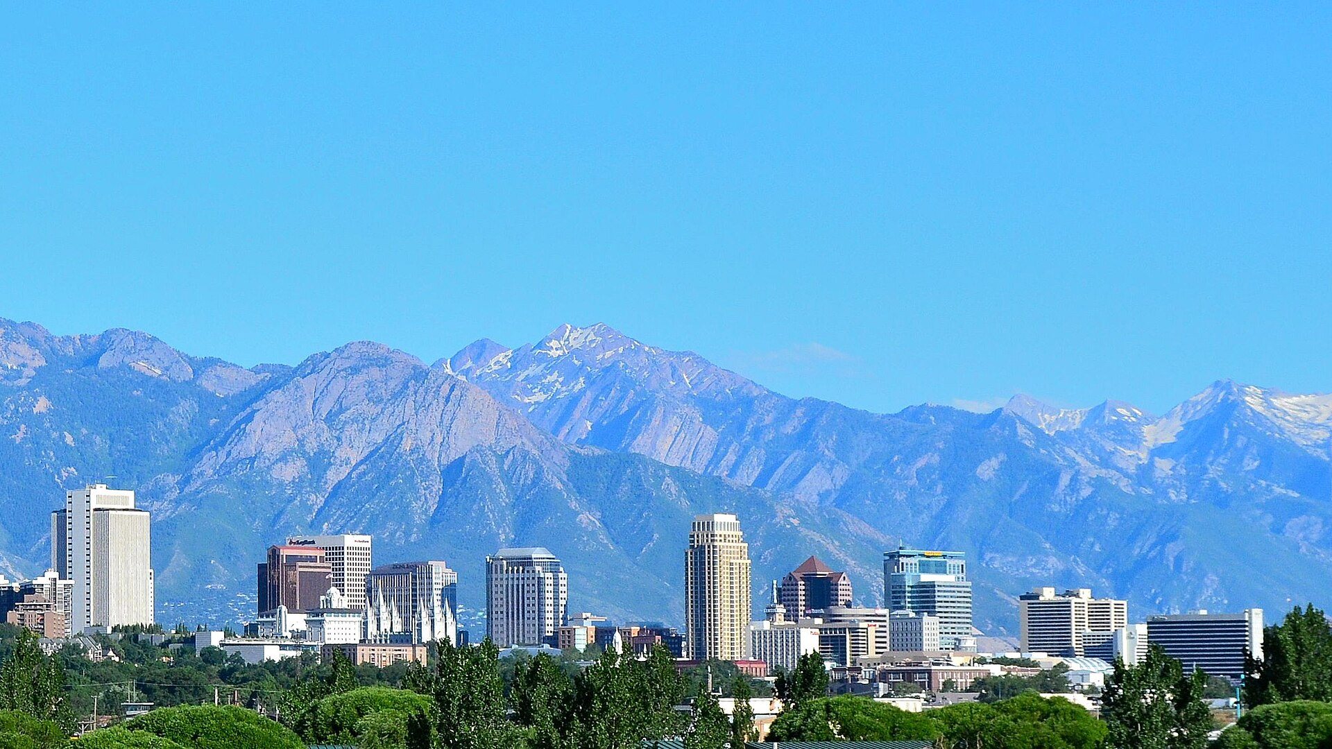 Downtown Salt Lake City skyline with the Wasatch Range in the background