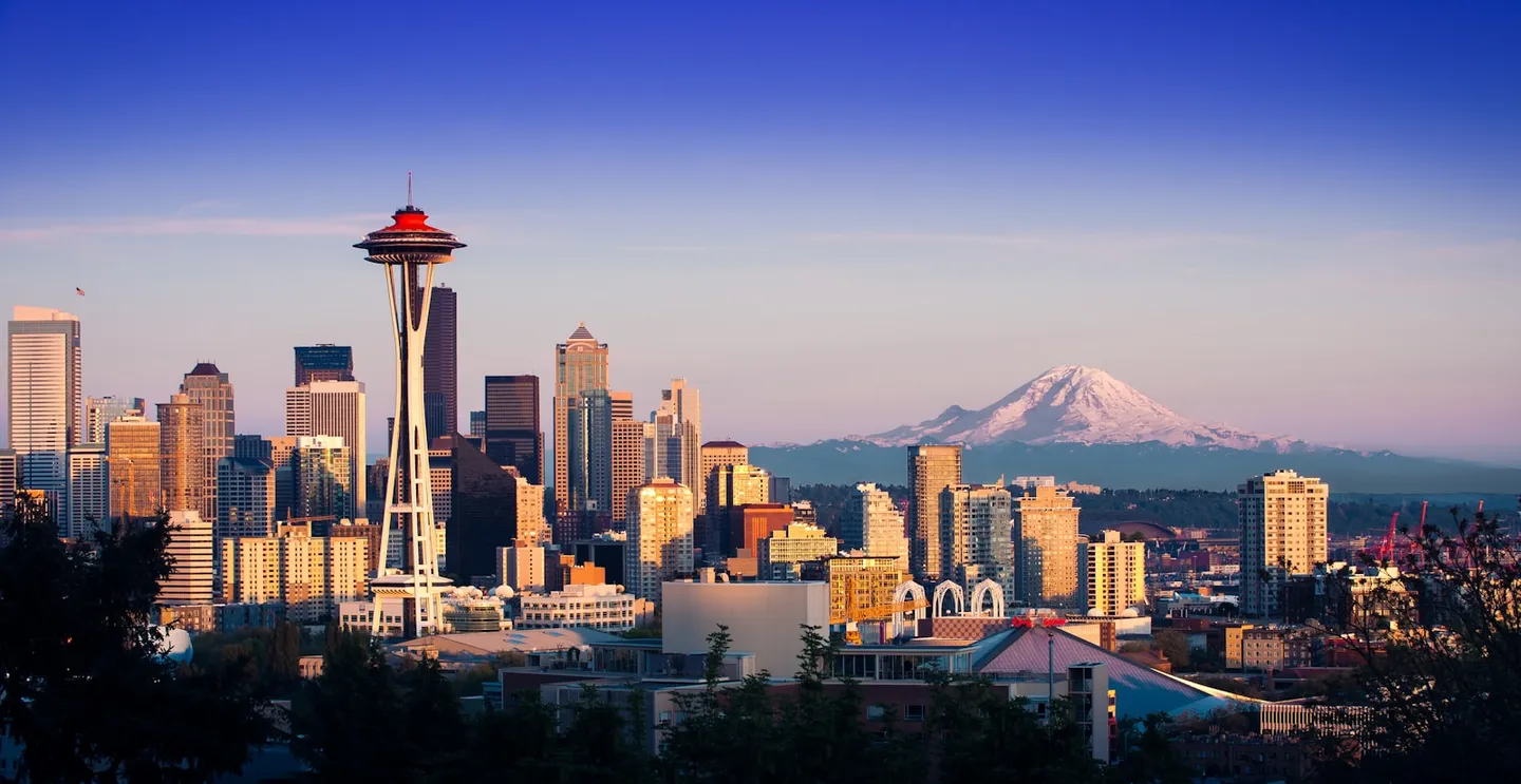 Seattle skyline with the Space Needle and Mount Rainier