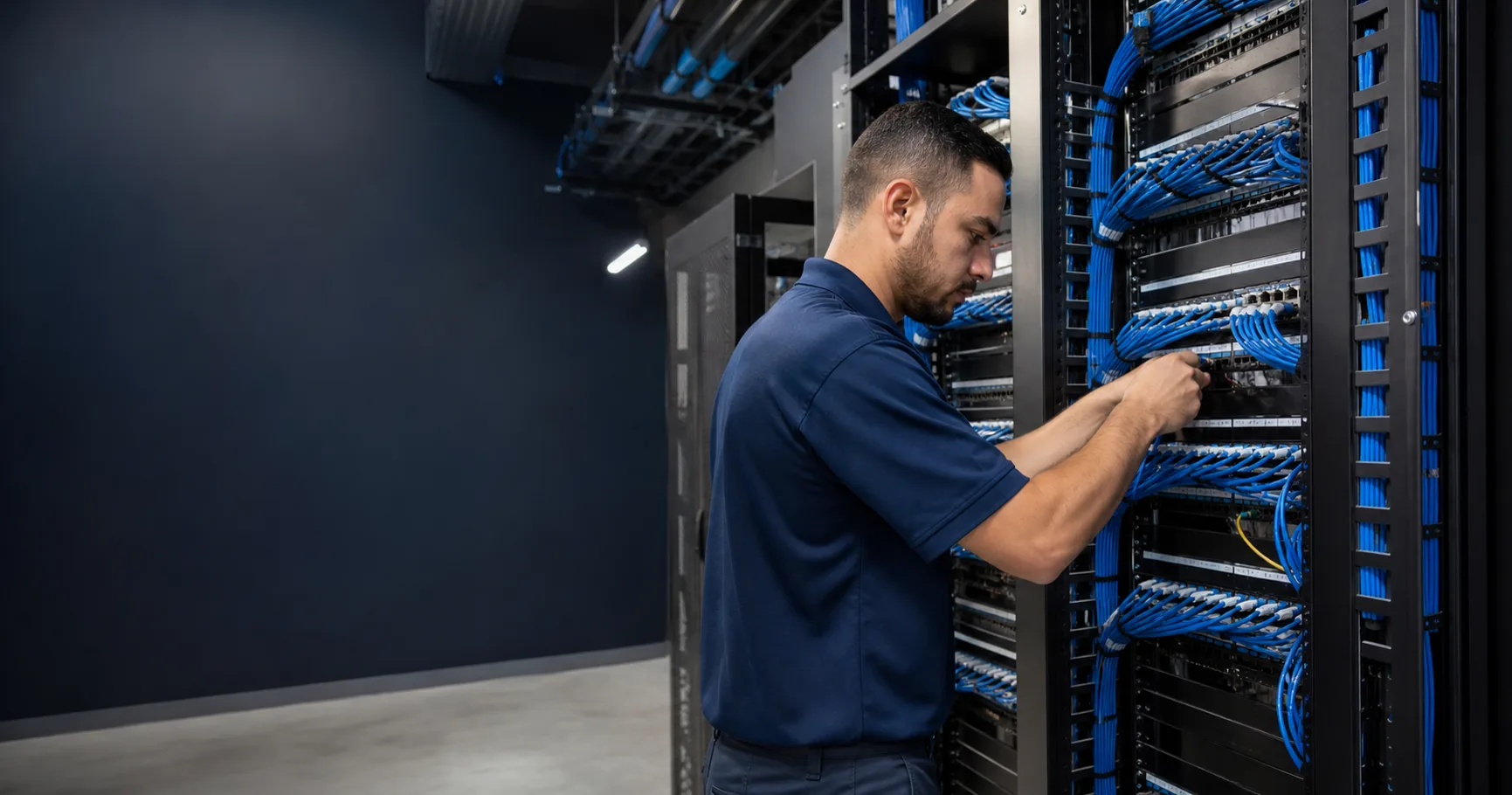Commercial network cabling technician organizing blue patch cables in an enterprise network room