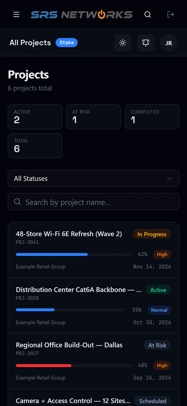 Command Center projects list on a phone: program cards with status, progress, priority, and target date (sample data)