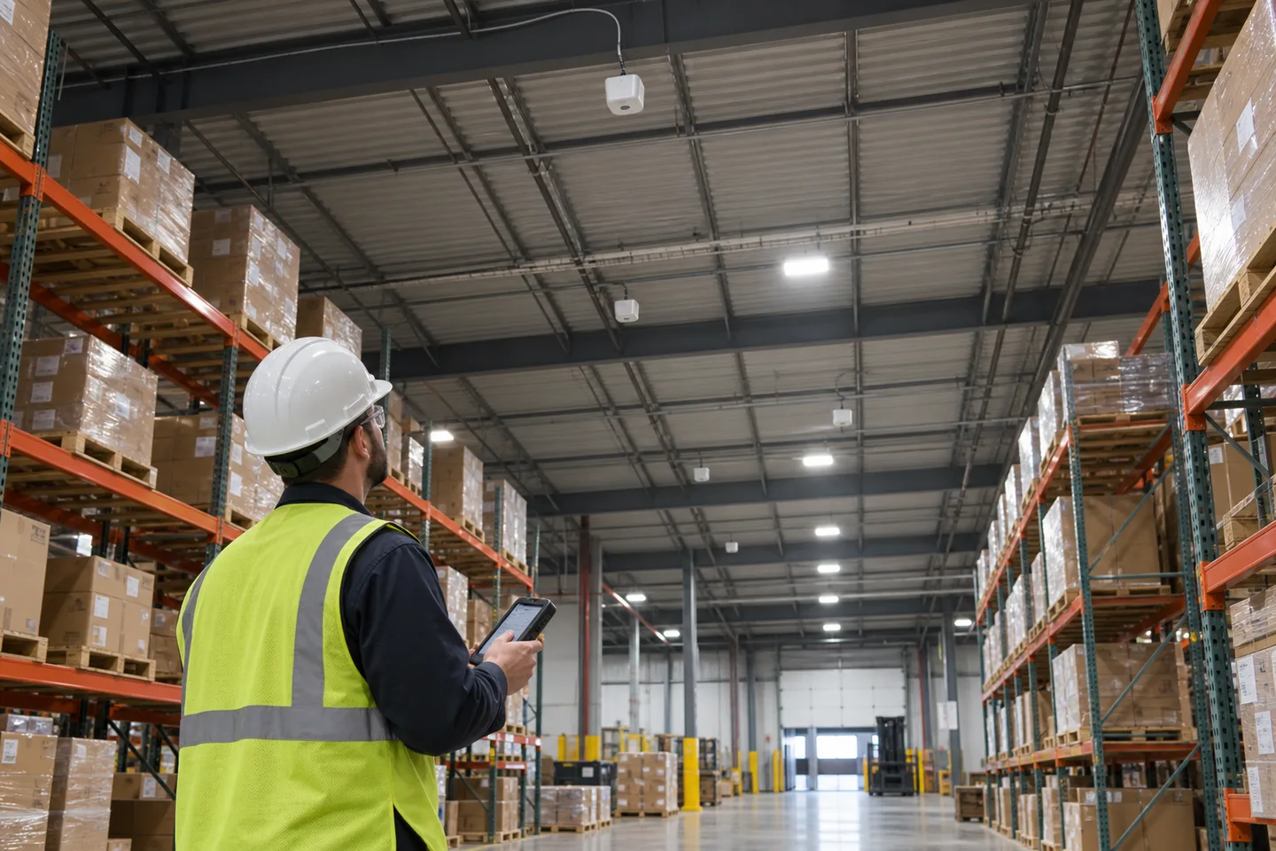 Technician validating multiple Bluetooth angle-of-arrival locators in a commercial warehouse