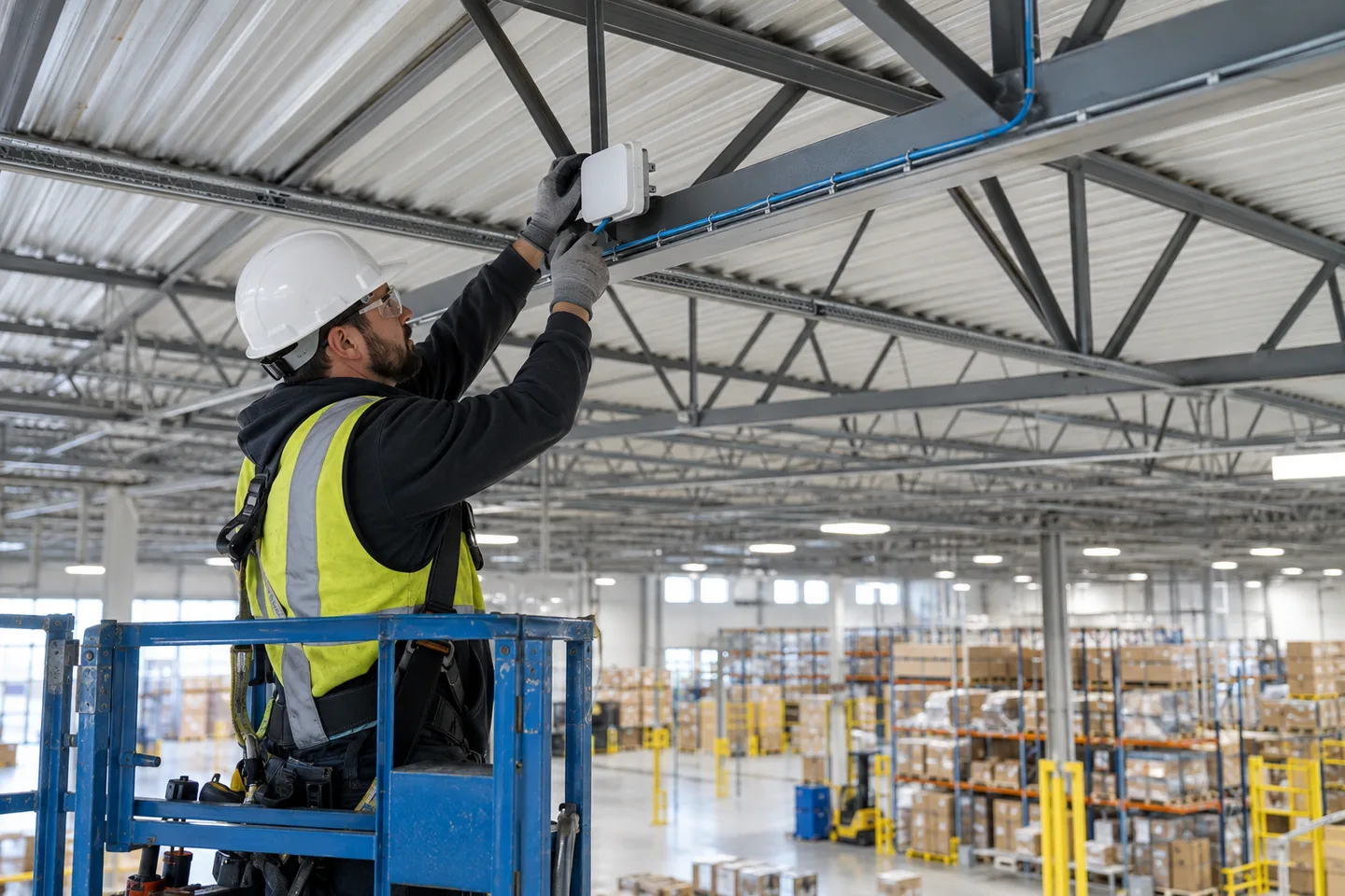 Technician installing a real-time location system anchor in a commercial warehouse