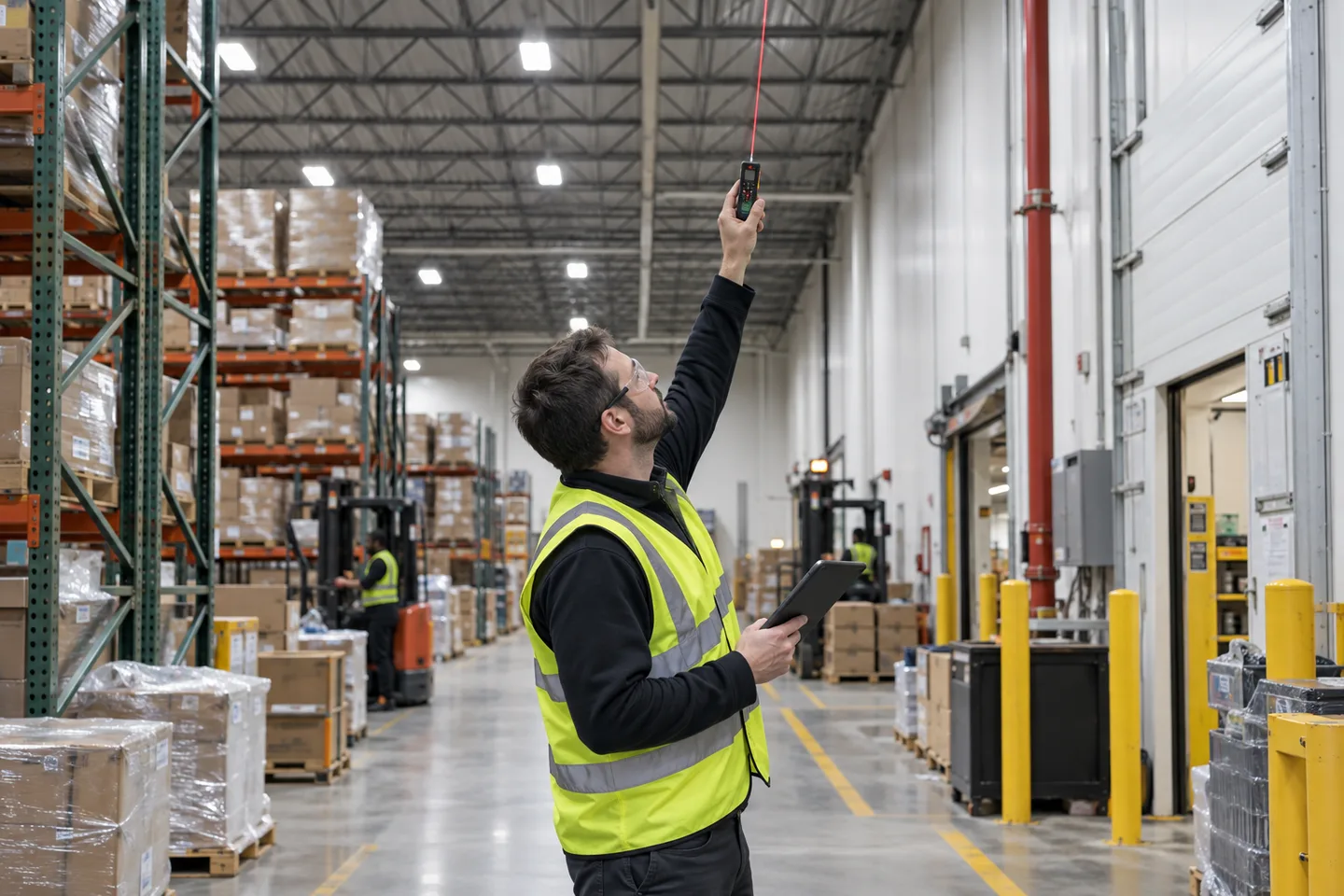 Engineer measuring warehouse ceiling height during an RTLS readiness survey