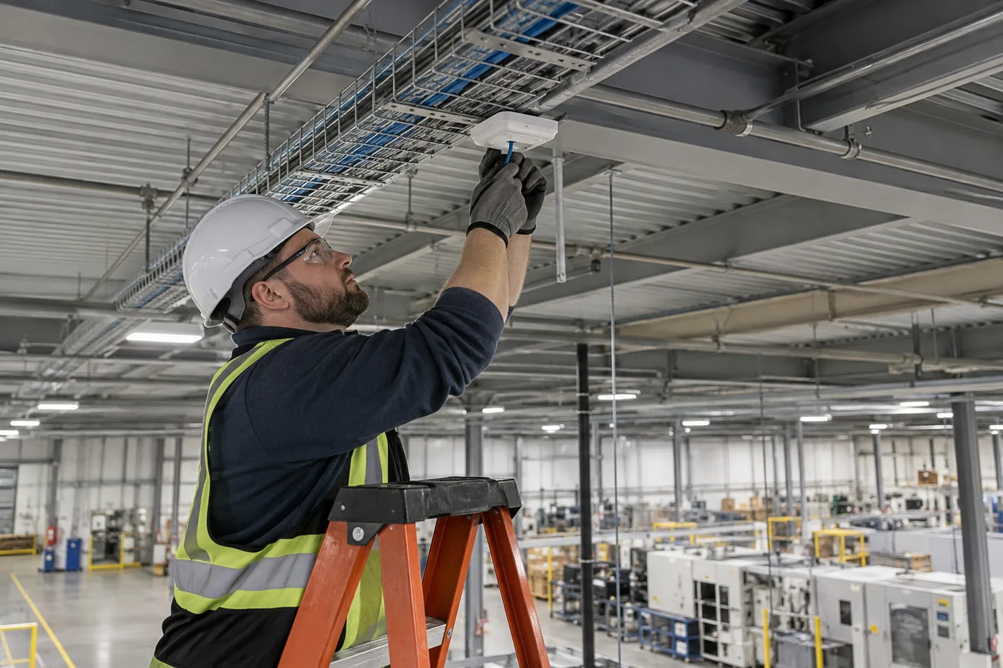 Technician terminating a network cable into a UWB location-system anchor
