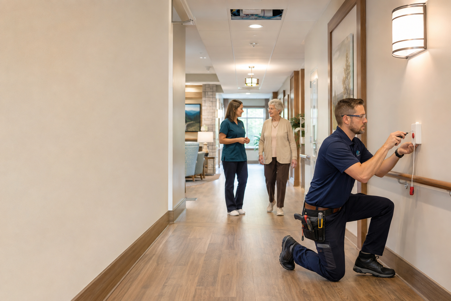 Alliance Partner field technician validating resident-safety infrastructure for Multi-Site Senior Living Safety System Rollouts