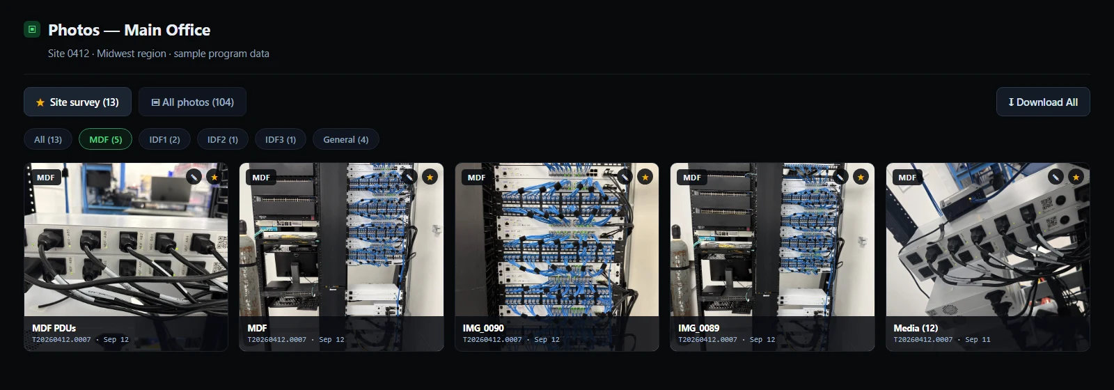 The Photos view on a site record, Site survey tab selected and the MDF chip filtering to that closet: five rack photos, each tagged MDF with its ticket number and capture date, and Download All on the right