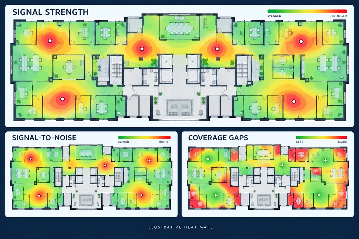 Three illustrative WiFi floor-plan heat maps showing signal strength, signal-to-noise, and coverage gaps