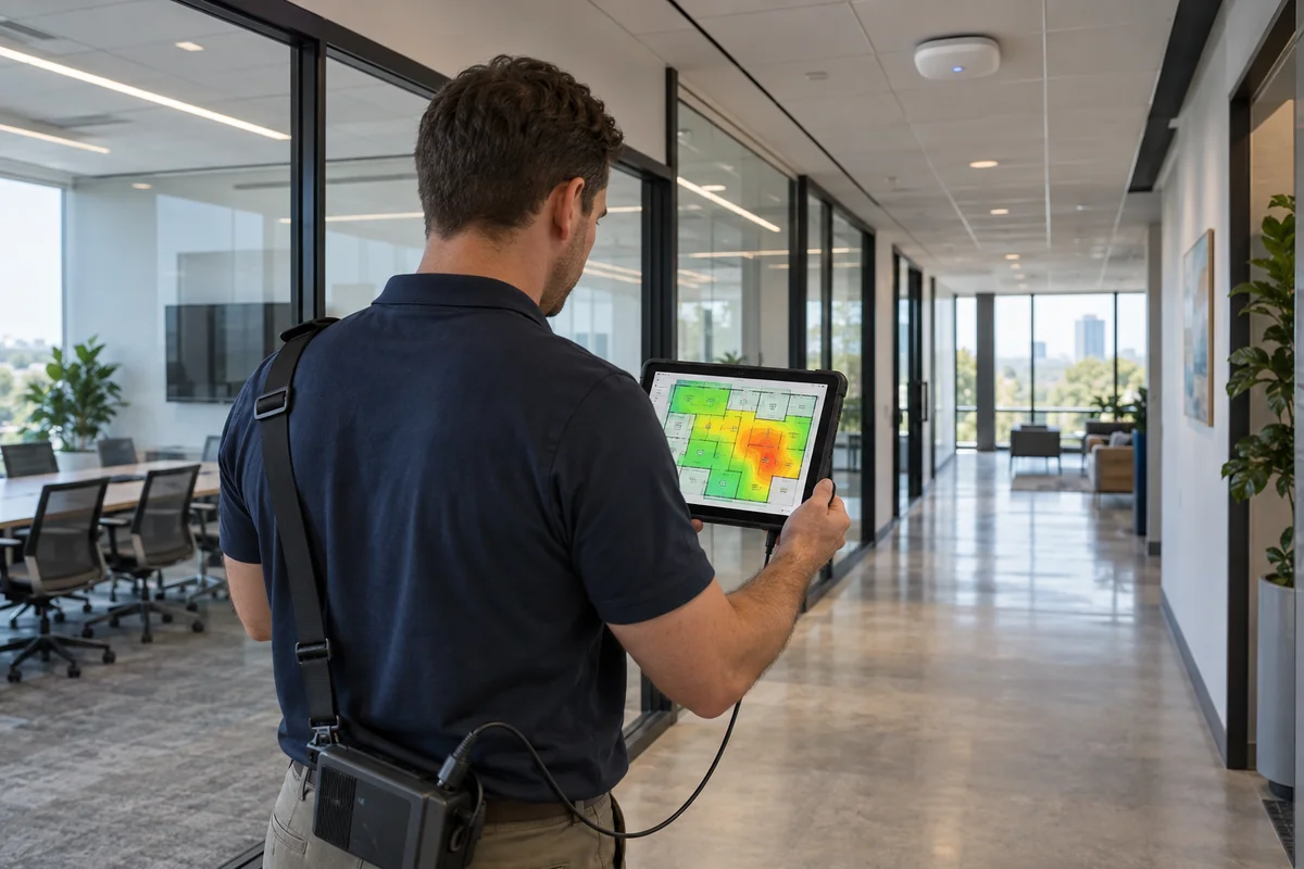 Illustration of a wireless surveyor testing office WiFi coverage with a tablet heat map and RF measurement device