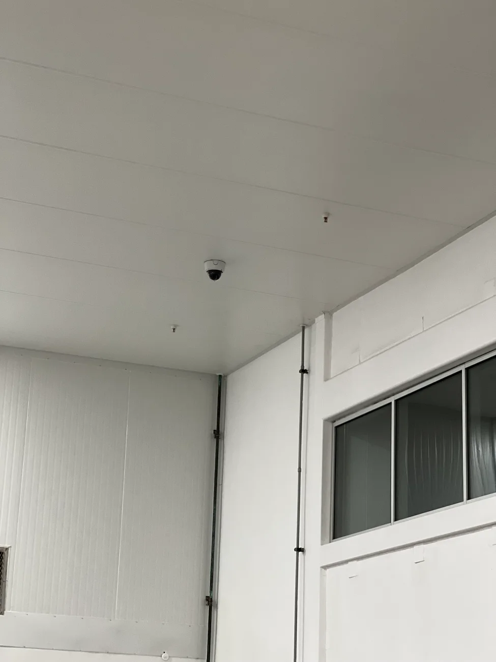 Field photograph of an interior dome camera mounted on a paneled ceiling