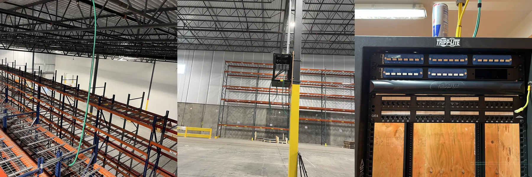 Three warehouse field photographs showing the high-bay facility, overhead cable pathways and MDF racks