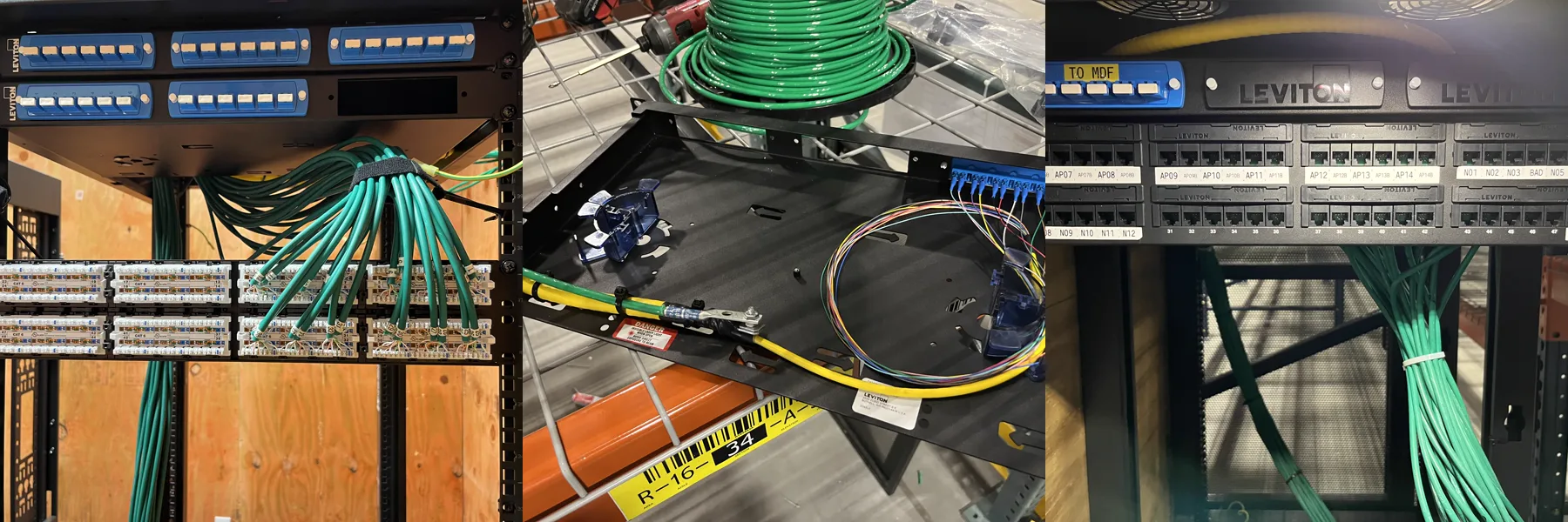 Three warehouse field photographs showing copper termination, fiber management and a completed IDF